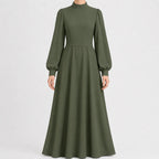 Women's High Waist Long Sleeve Maxi Dress – Mock Neck Flowy Dress