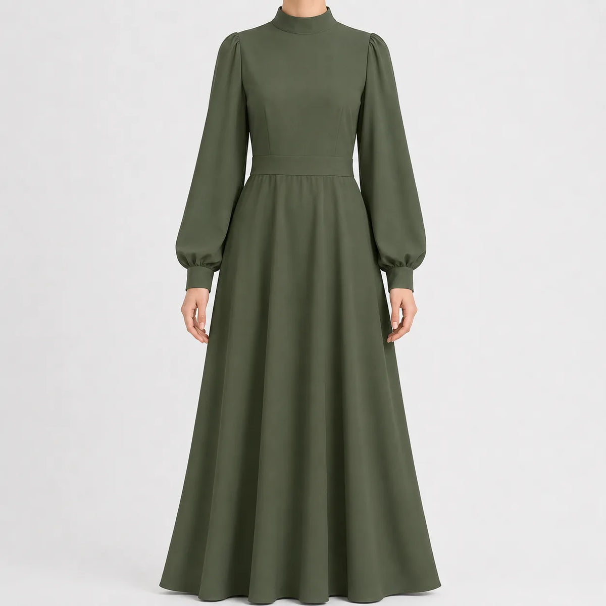 Women's High Waist Long Sleeve Maxi Dress – Mock Neck Flowy Dress
