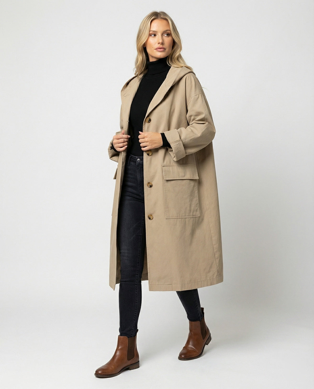 Women's Long Belted Trench Coat – Adjustable Waist Transitional Overcoat