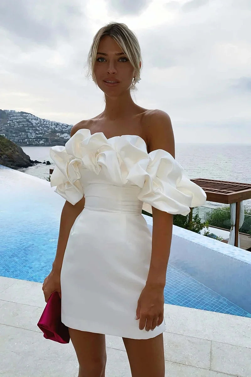 Women's White Boho Mini Dress – Flowy V-Neck Resort Dress