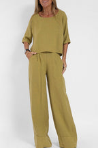 Women's Summer Pants Set – Relaxed Top & Flowy Wide Leg Pants Set