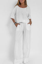Women's Summer Pants Set – Relaxed Top & Flowy Wide Leg Pants Set