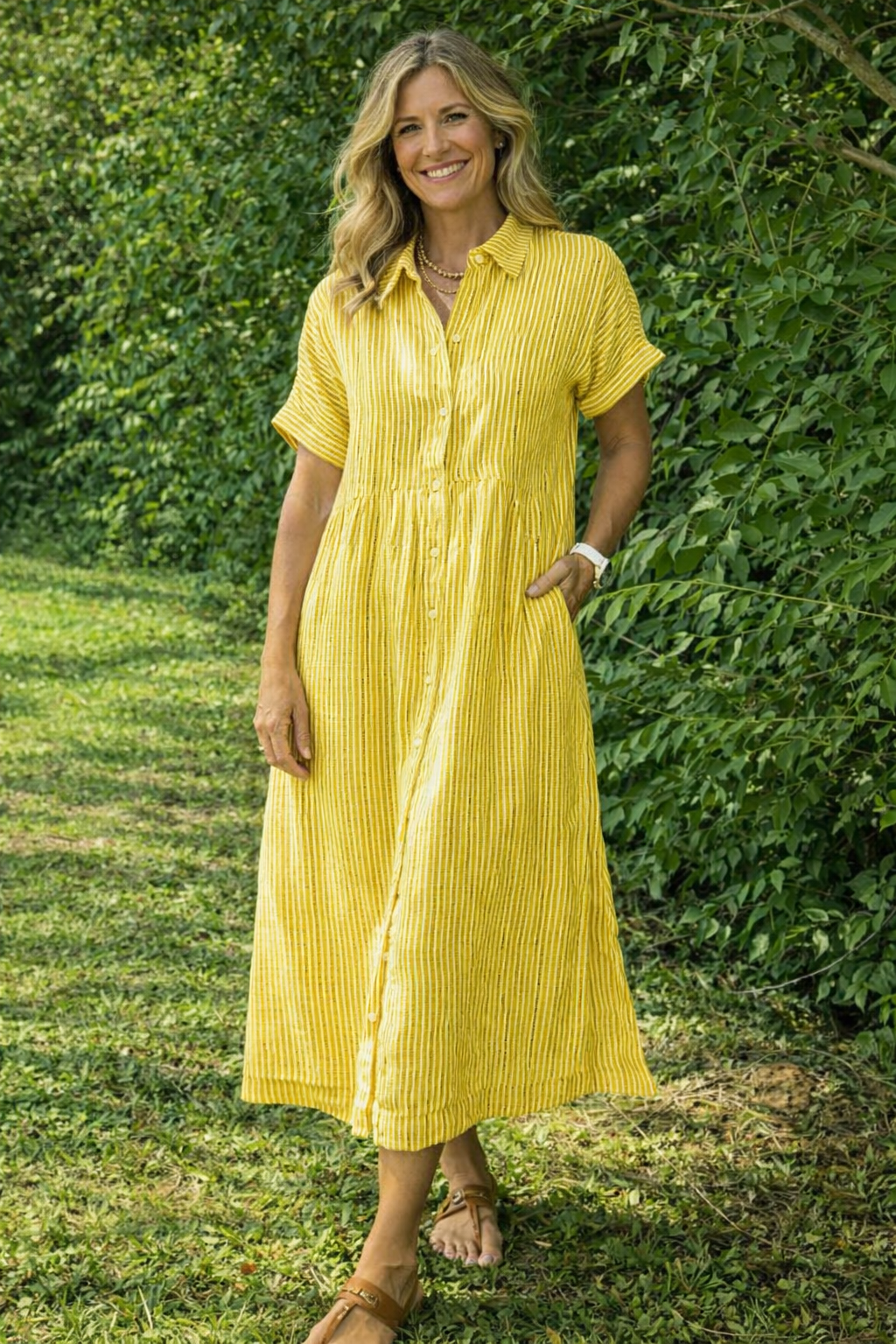 Women's Relaxed Midi Shirt Dress – Button Front Long Sleeve Dress