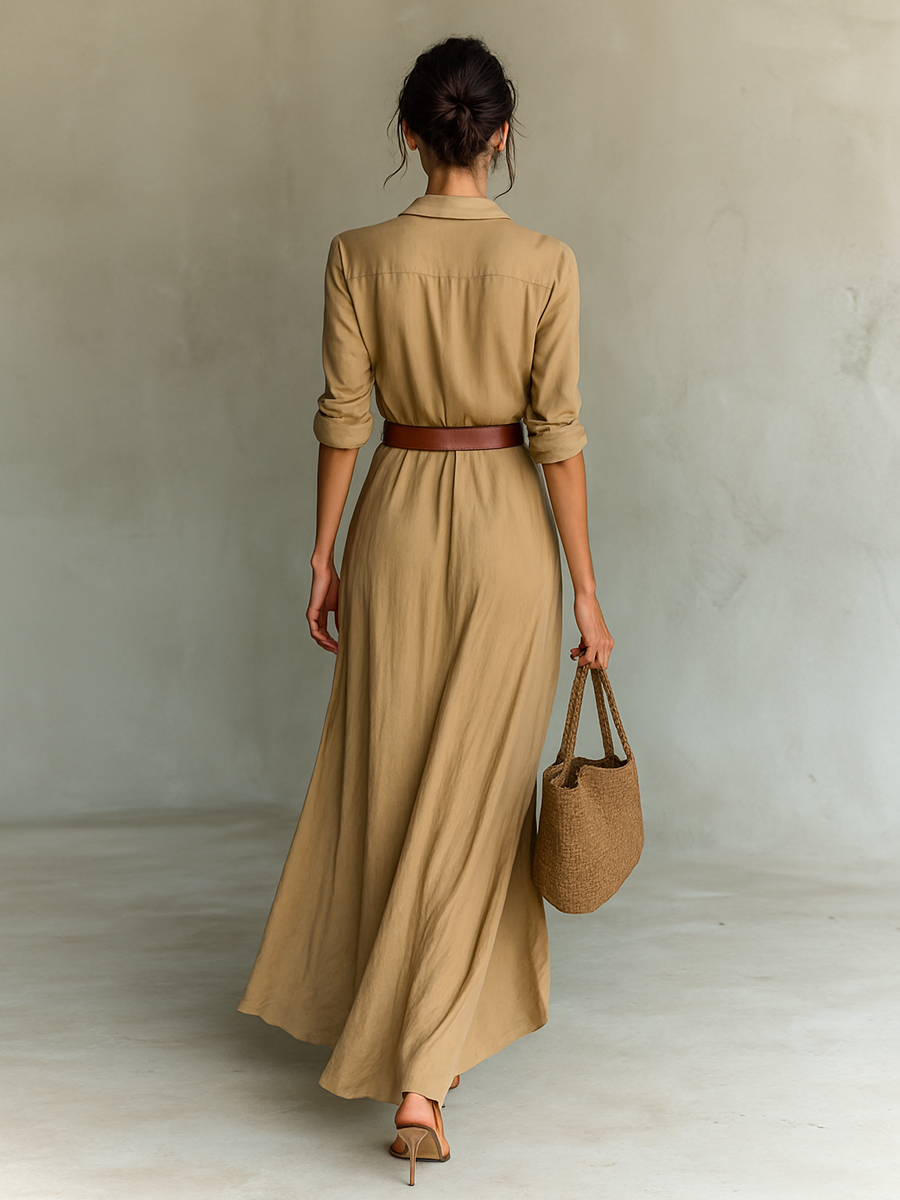 Women's Belted Maxi Shirt Dress – Long Sleeve Lapel Collar Dress