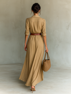 Women's Belted Maxi Shirt Dress – Long Sleeve Lapel Collar Dress