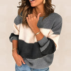Women's Striped Colour Block Sweater – Round Neck Knit Sweater