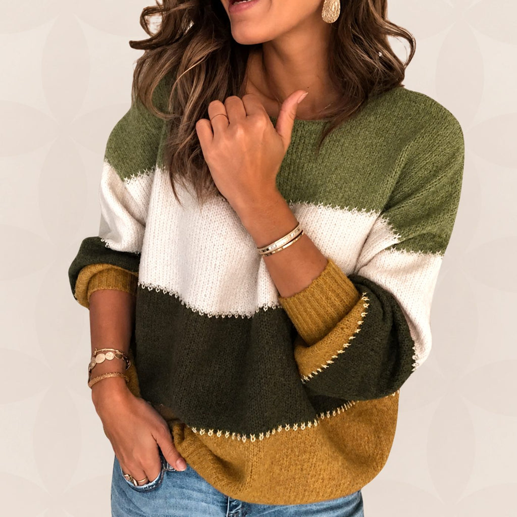 Women's Striped Colour Block Sweater – Round Neck Knit Sweater