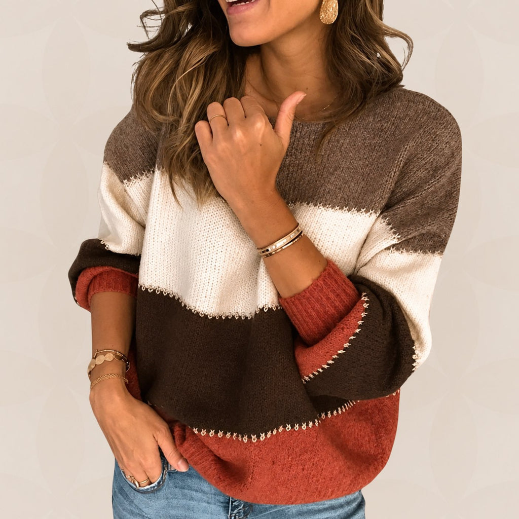 Women's Striped Colour Block Sweater – Round Neck Knit Sweater