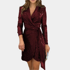 Women's Deep V-Neck Blazer Mini Dress – Sequin Belted Party Dress