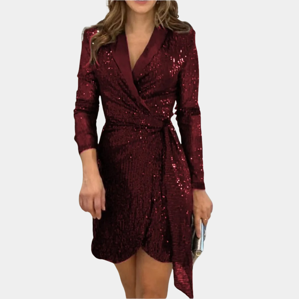 Women's Deep V-Neck Blazer Mini Dress – Sequin Belted Party Dress