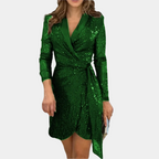 Women's Deep V-Neck Blazer Mini Dress – Sequin Belted Party Dress