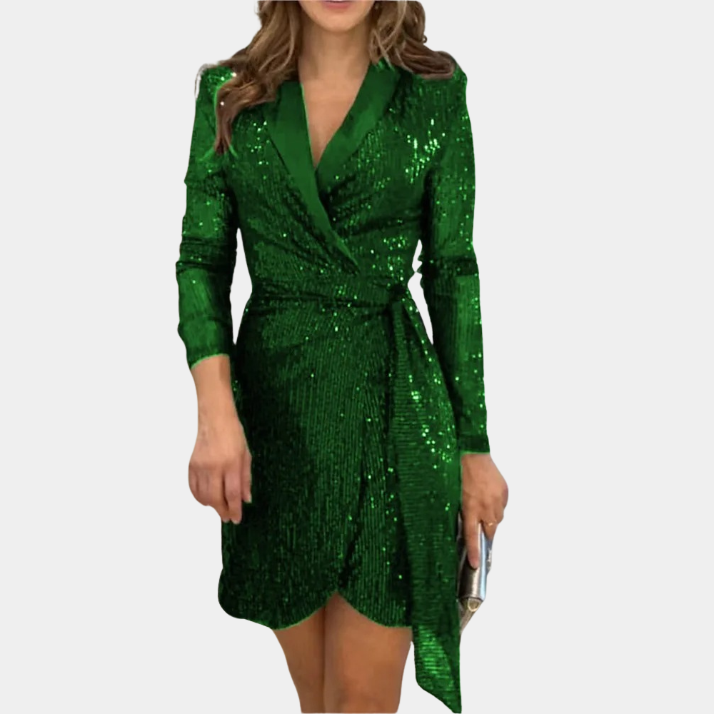 Women's Deep V-Neck Blazer Mini Dress – Sequin Belted Party Dress