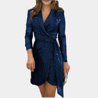 Women's Deep V-Neck Blazer Mini Dress – Sequin Belted Party Dress