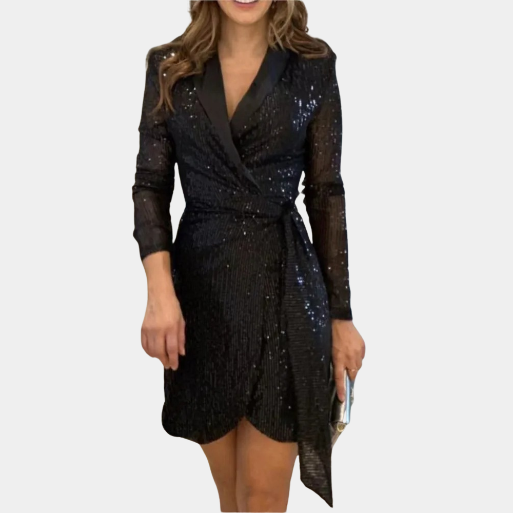 Women's Deep V-Neck Blazer Mini Dress – Sequin Belted Party Dress