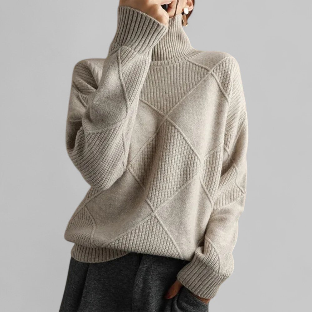 Women's Geometric Roll Neck Sweater – Relaxed Winter Knit Sweater