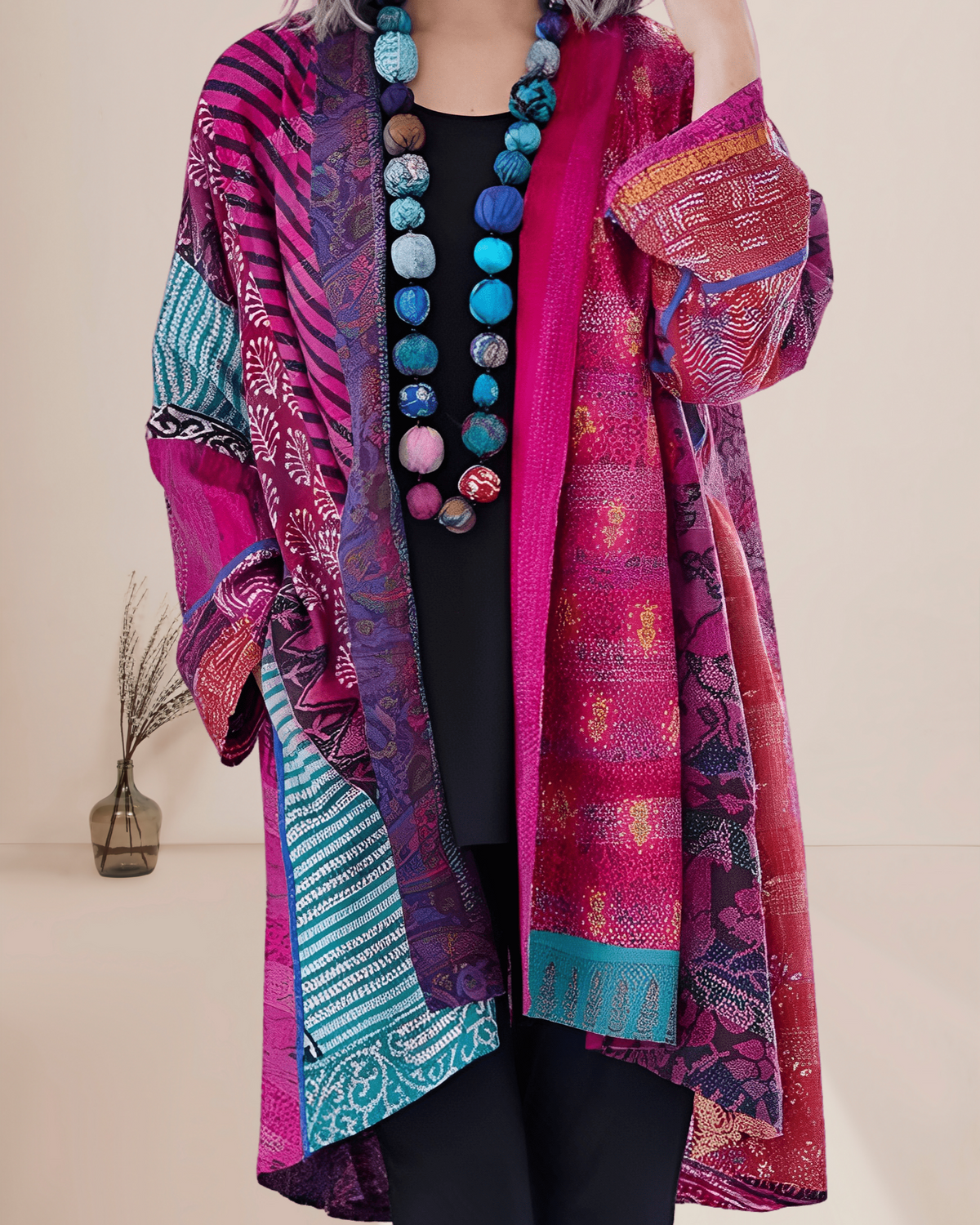 Women's Boho Patchwork Long Vest – Printed Open Front Layering Vest