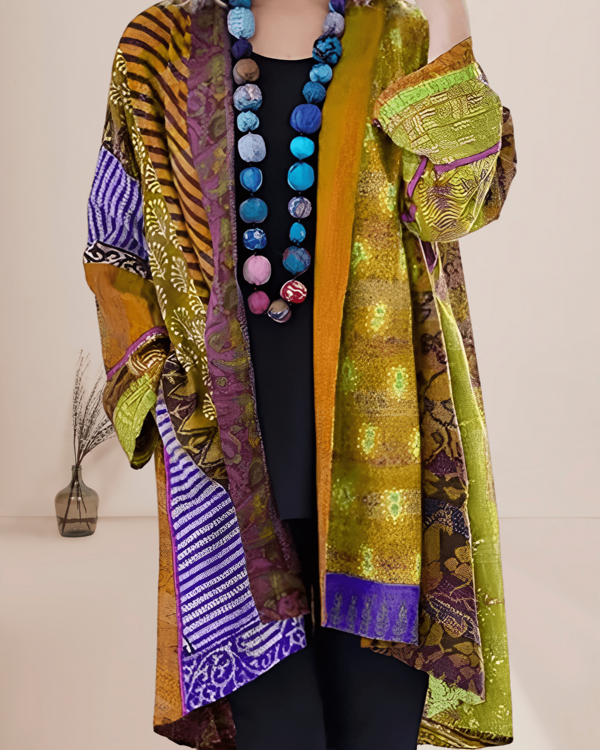 Women's Boho Patchwork Long Vest – Printed Open Front Layering Vest