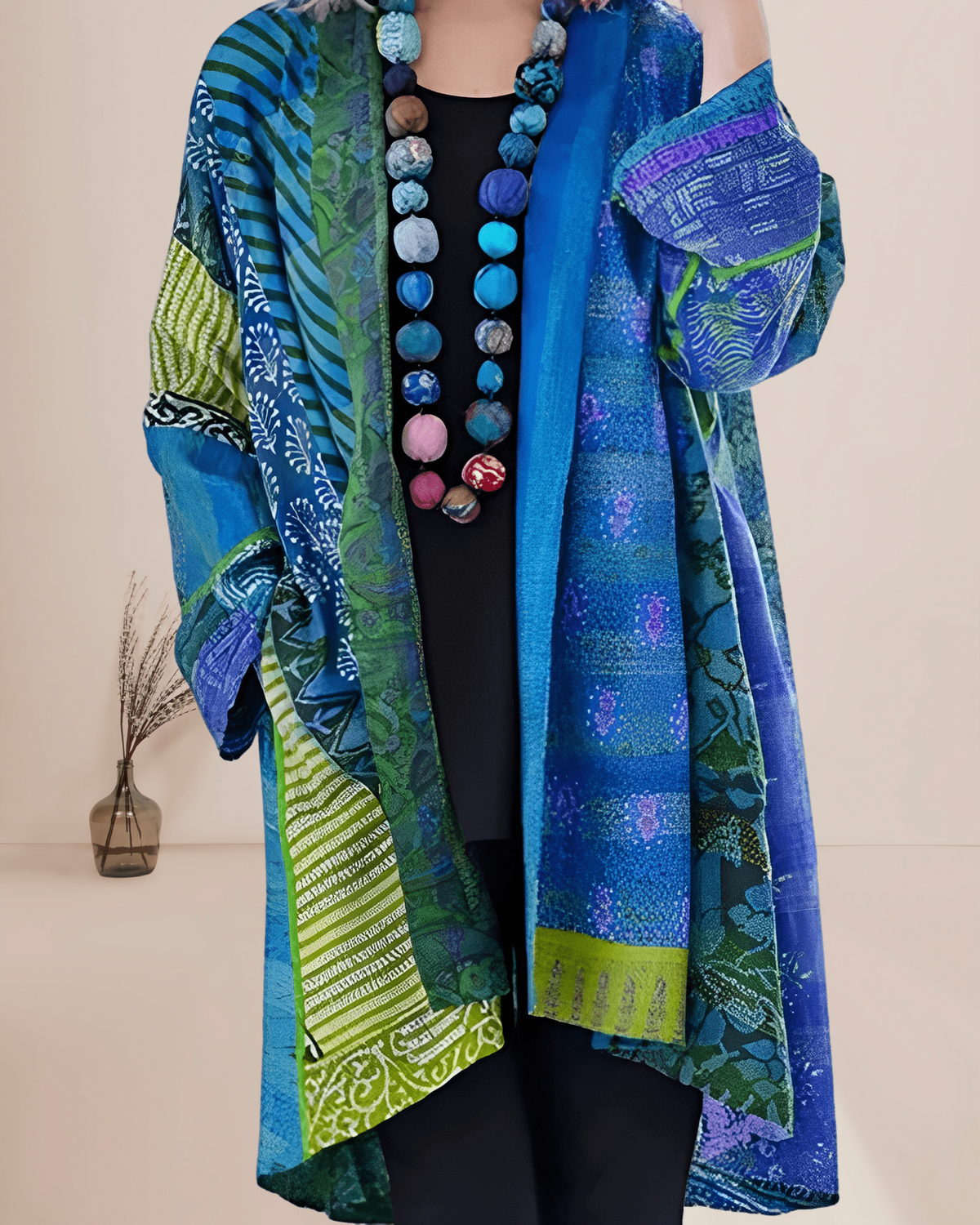 Women's Boho Patchwork Long Vest – Printed Open Front Layering Vest