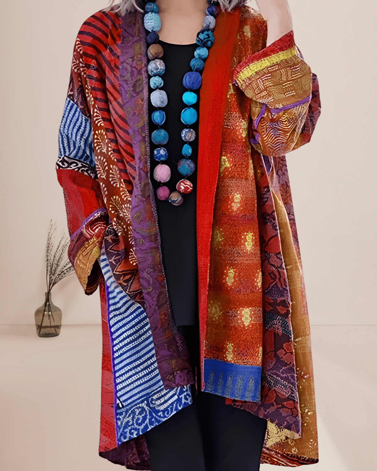 Women's Boho Patchwork Long Vest – Printed Open Front Layering Vest