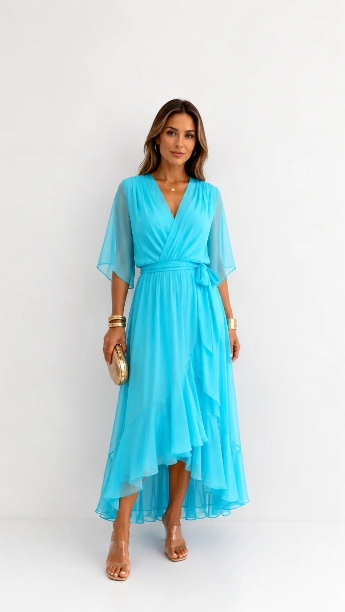Women's Tie Waist V-Neck Wrap Dress – Flowy Cocktail Occasion Dress