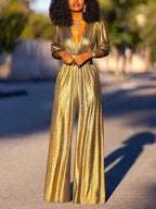 Women's Shimmer Jumpsuit – V-Neck Wide Leg Three-Quarter Sleeve Jumpsuit
