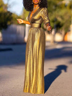 Women's Shimmer Jumpsuit – V-Neck Wide Leg Three-Quarter Sleeve Jumpsuit