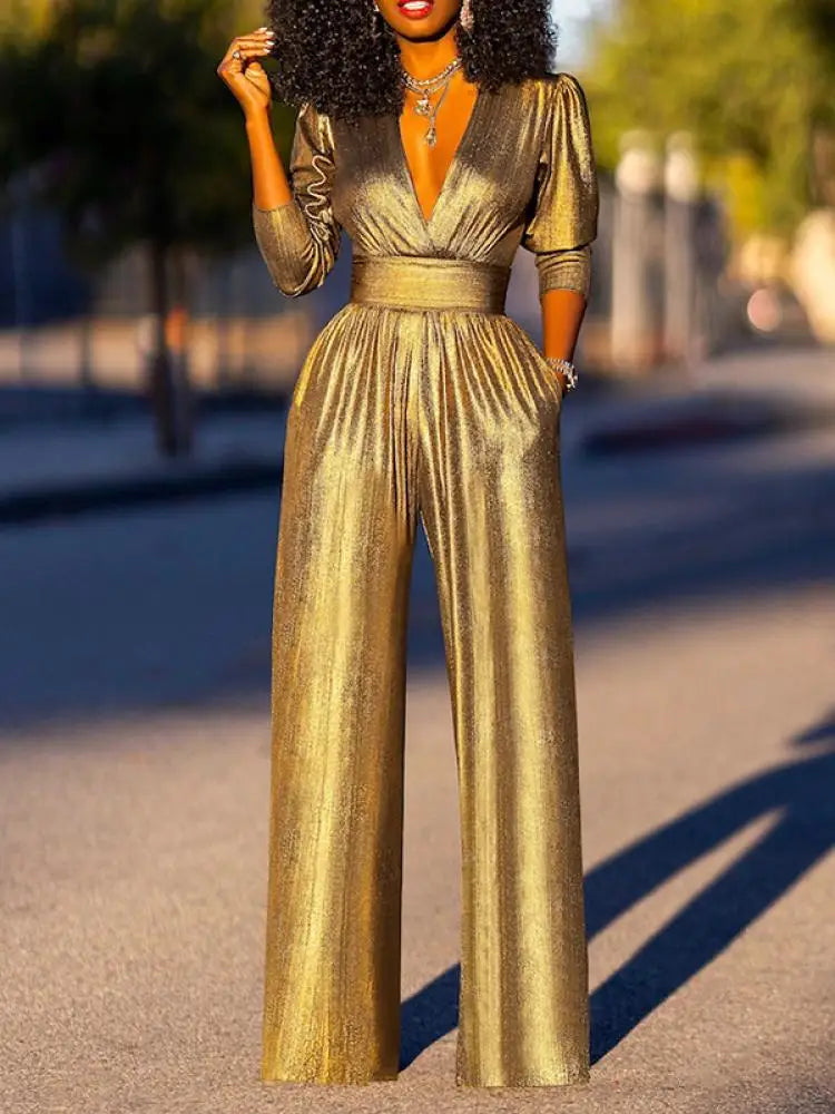 Women's Shimmer Jumpsuit – V-Neck Wide Leg Three-Quarter Sleeve Jumpsuit