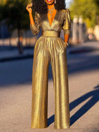 Women's Shimmer Jumpsuit – V-Neck Wide Leg Three-Quarter Sleeve Jumpsuit