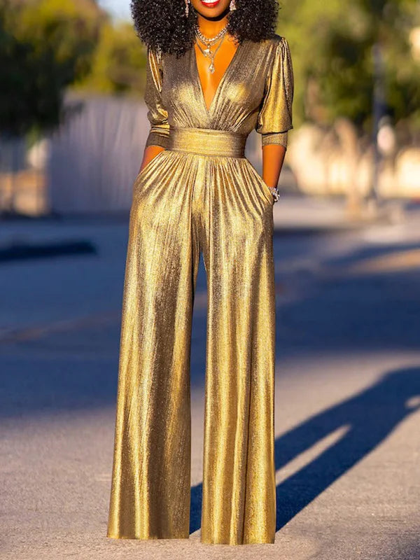 Women's Shimmer Jumpsuit – V-Neck Wide Leg Three-Quarter Sleeve Jumpsuit