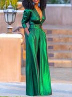 Women's Shimmer Jumpsuit – V-Neck Wide Leg Three-Quarter Sleeve Jumpsuit