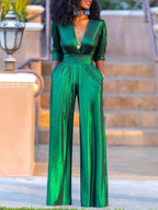 Women's Shimmer Jumpsuit – V-Neck Wide Leg Three-Quarter Sleeve Jumpsuit