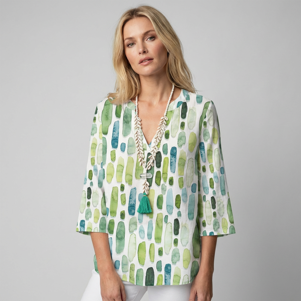 Women's V-Neck Geometric Blouse – Printed Three-Quarter Sleeve Blouse