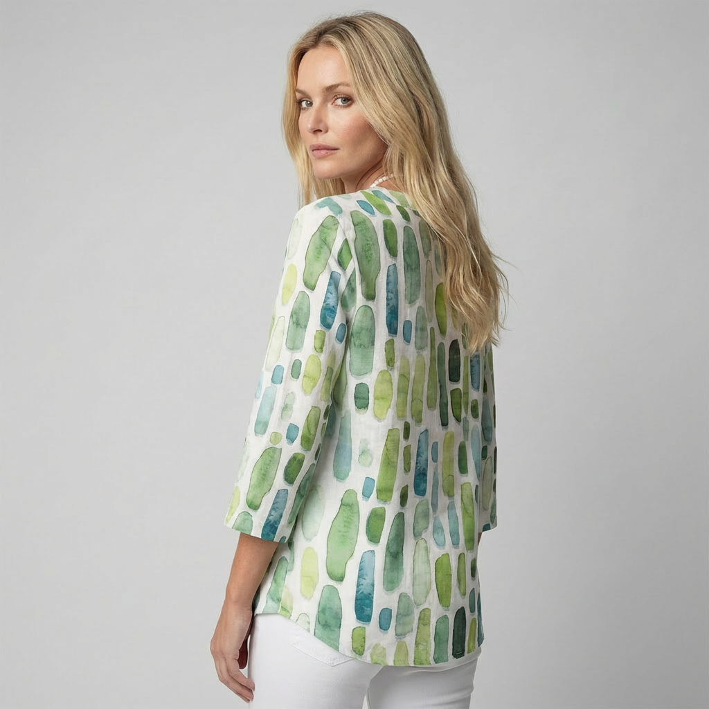 Women's V-Neck Geometric Blouse – Printed Three-Quarter Sleeve Blouse