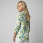 Women's V-Neck Geometric Blouse – Printed Three-Quarter Sleeve Blouse