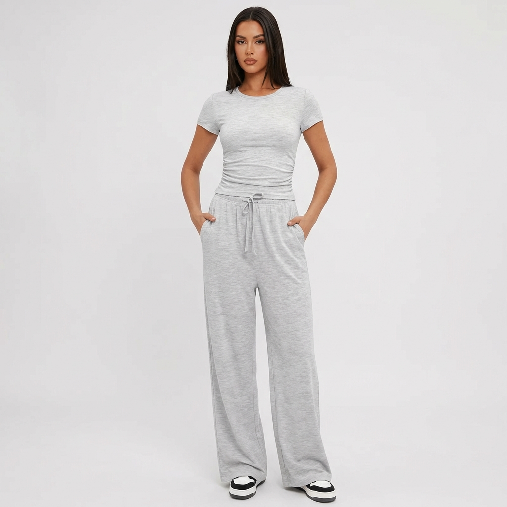 Women's Ruffle Top Pants Set – Cropped Top & Wide Leg Lounge Set