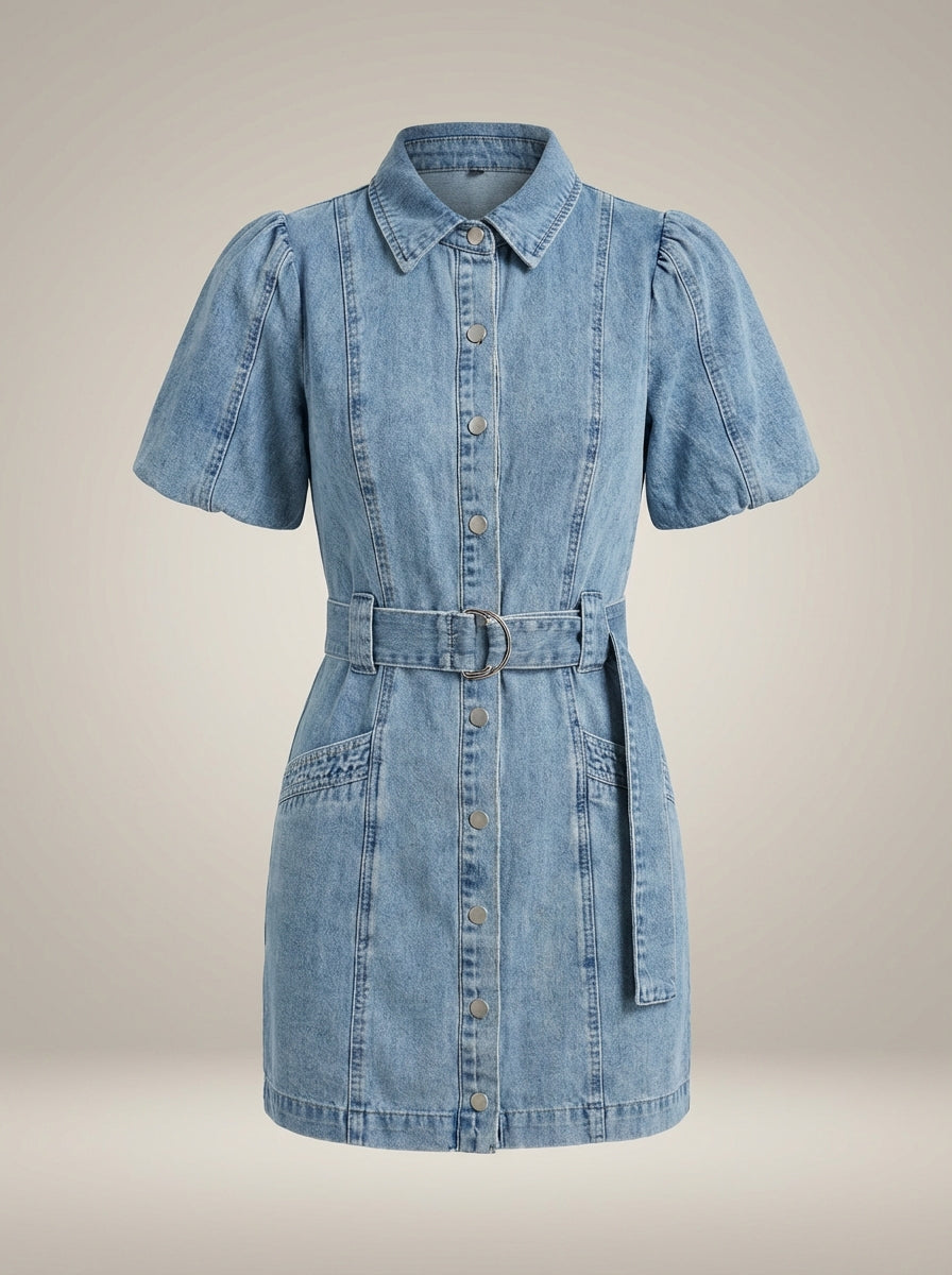 Women's Tailored Button Mini Dress – Short Sleeve Fitted Shirt Dress