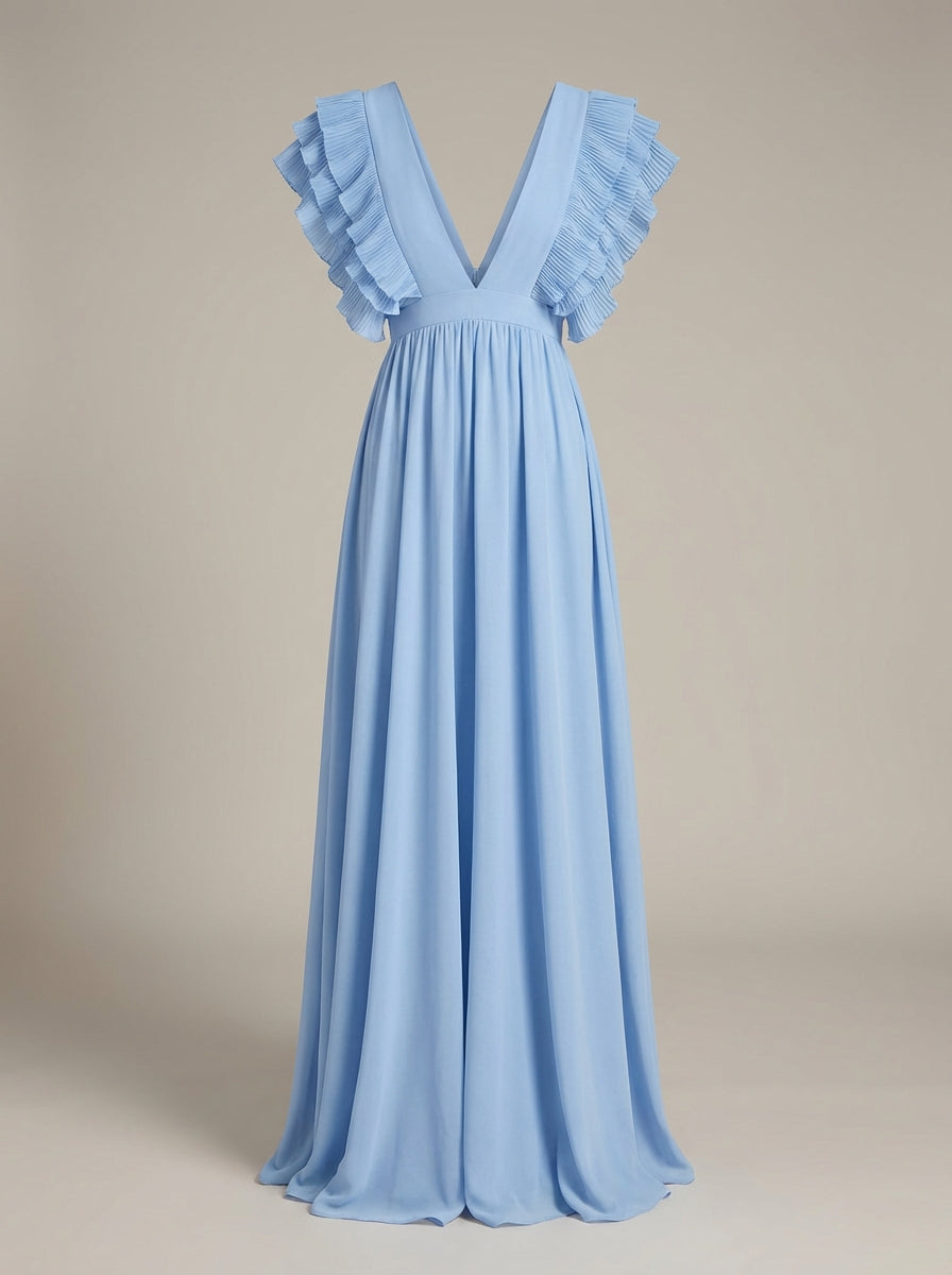 Women's Wedding Guest Ruffle Maxi Dress – V-Neck Flowy Occasion Dress