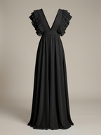 Women's Wedding Guest Ruffle Maxi Dress – V-Neck Flowy Occasion Dress