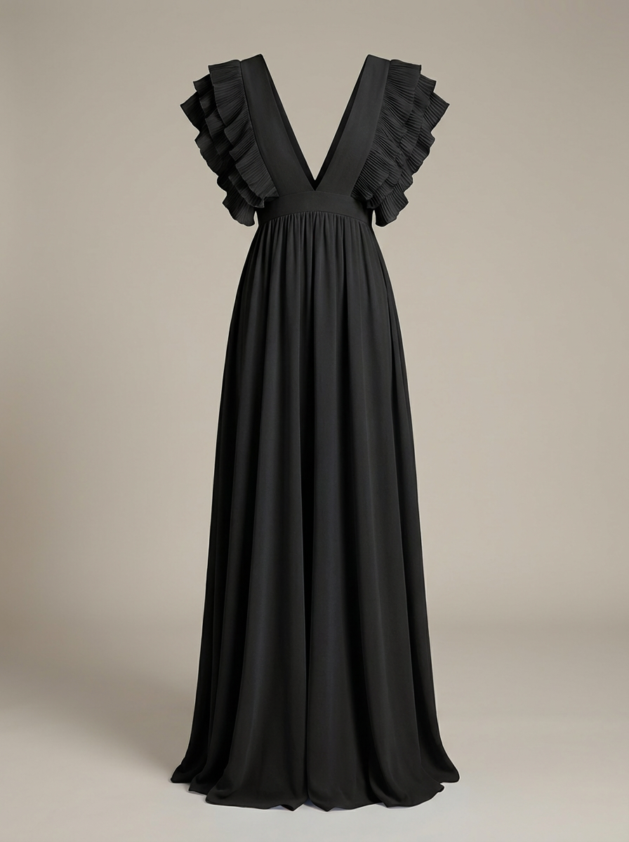 Women's Wedding Guest Ruffle Maxi Dress – V-Neck Flowy Occasion Dress