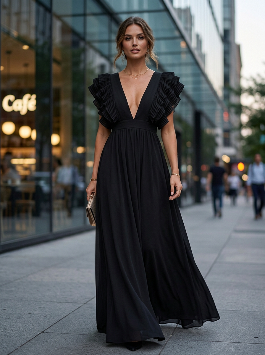 Women's Wedding Guest Ruffle Maxi Dress – V-Neck Flowy Occasion Dress