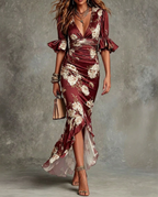 Alanah | Floral Wedding Guest Dress with v-neck and cinched waist