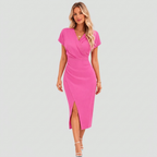 Women's Wrap Neck Wedding Guest Midi Dress – Fitted Side Slit Formal Dress