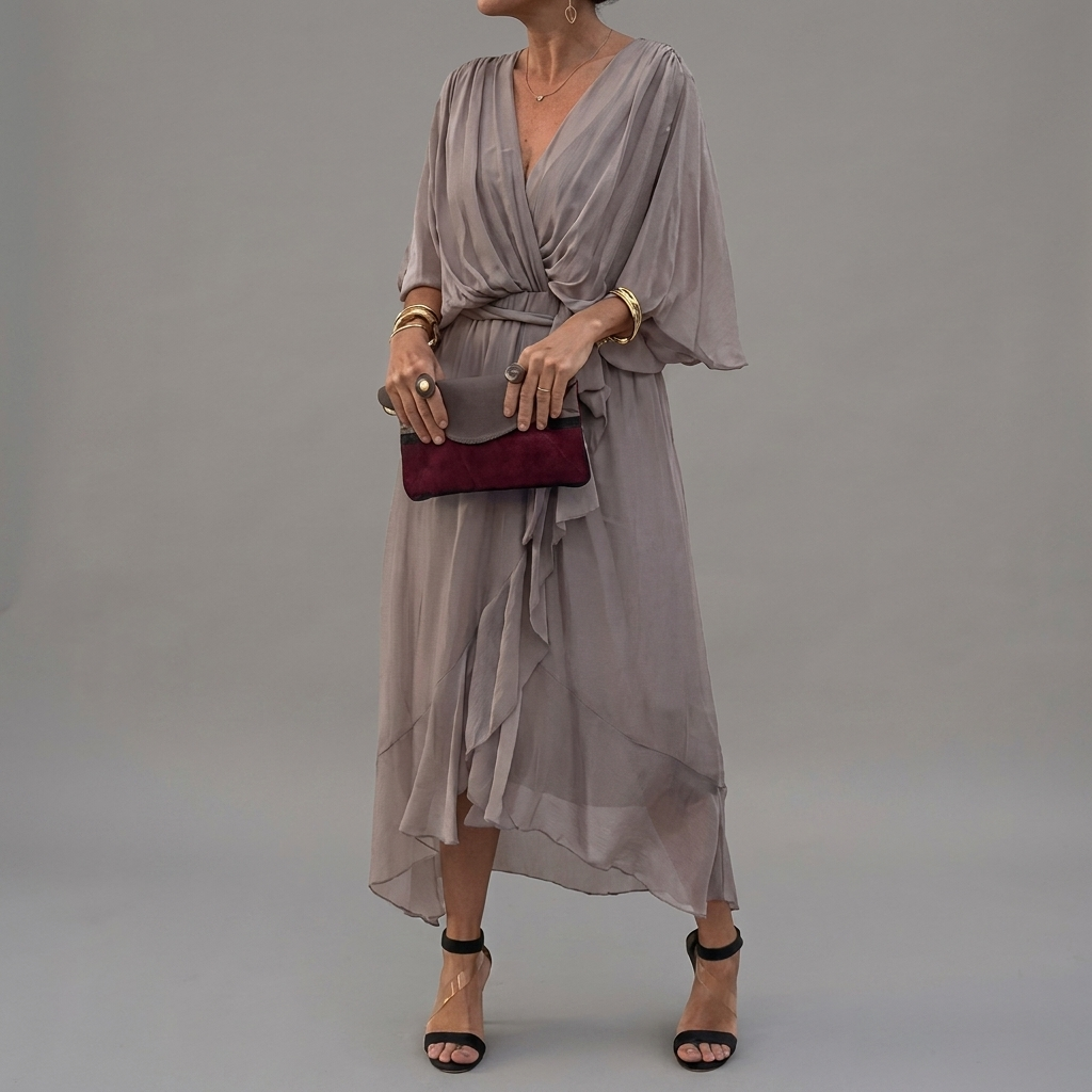 Women's Batwing Sleeve Wedding Guest Dress – Asymmetrical Flowy Formal Dress