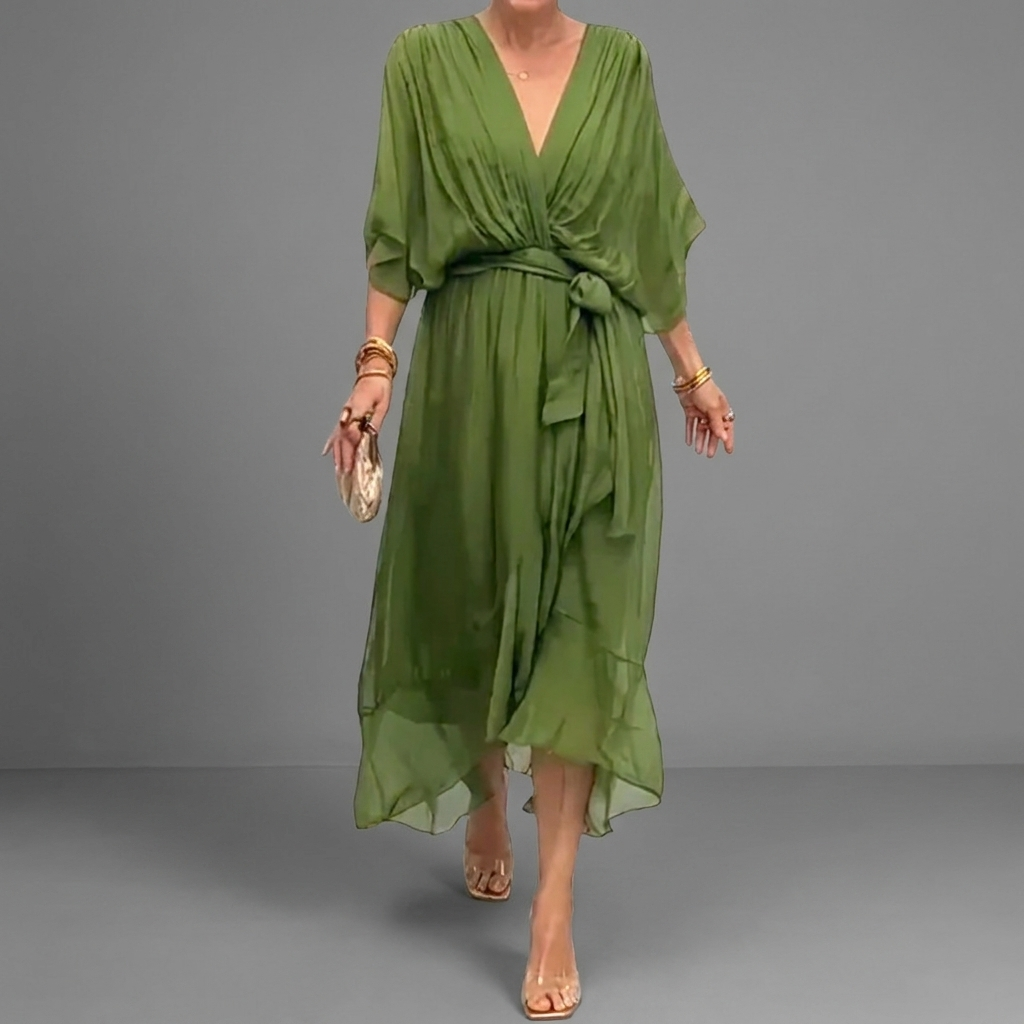 Women's Batwing Sleeve Wedding Guest Dress – Asymmetrical Flowy Formal Dress