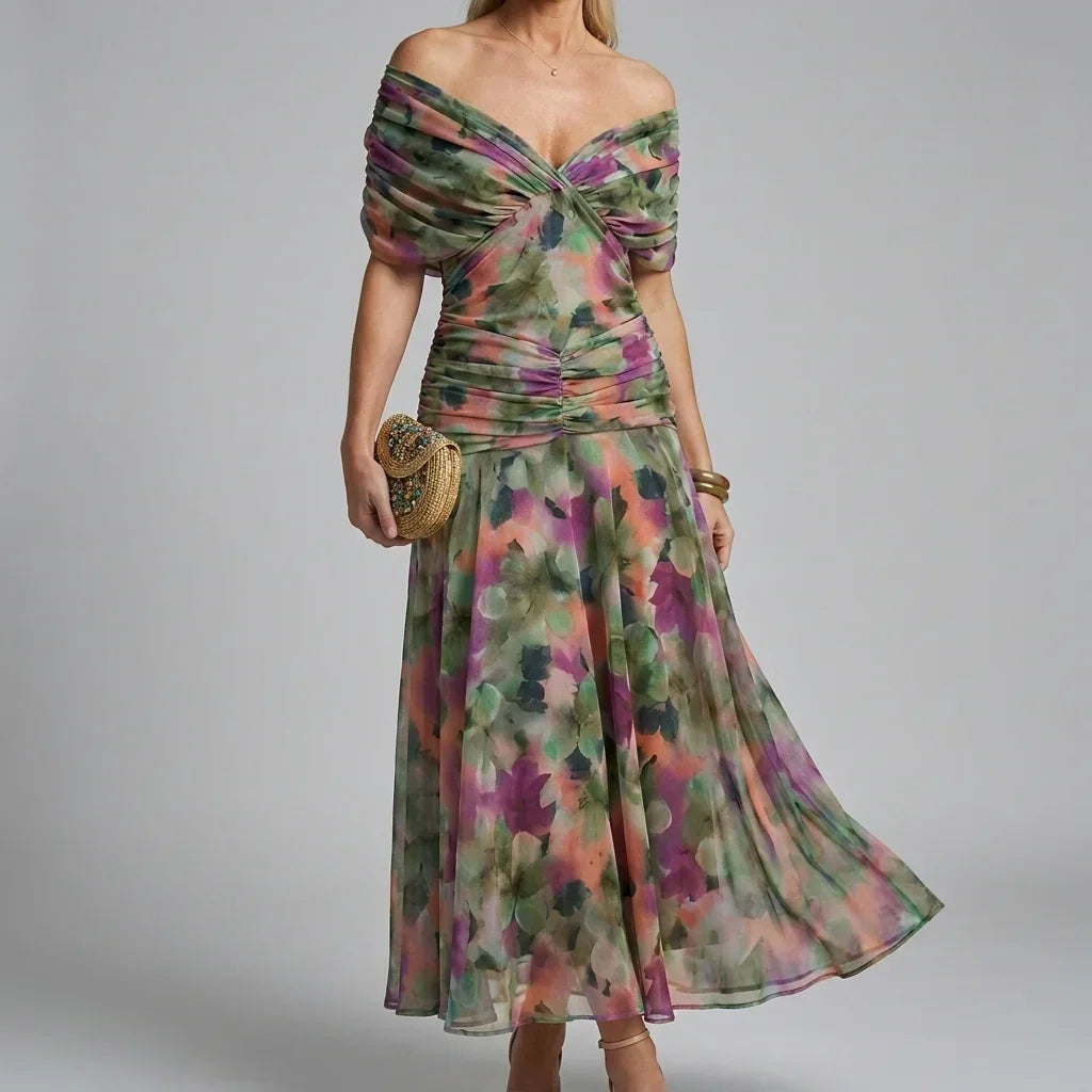 Women's V-Neck Printed Wedding Guest Maxi Dress – Flowy A-Line Formal Dress
