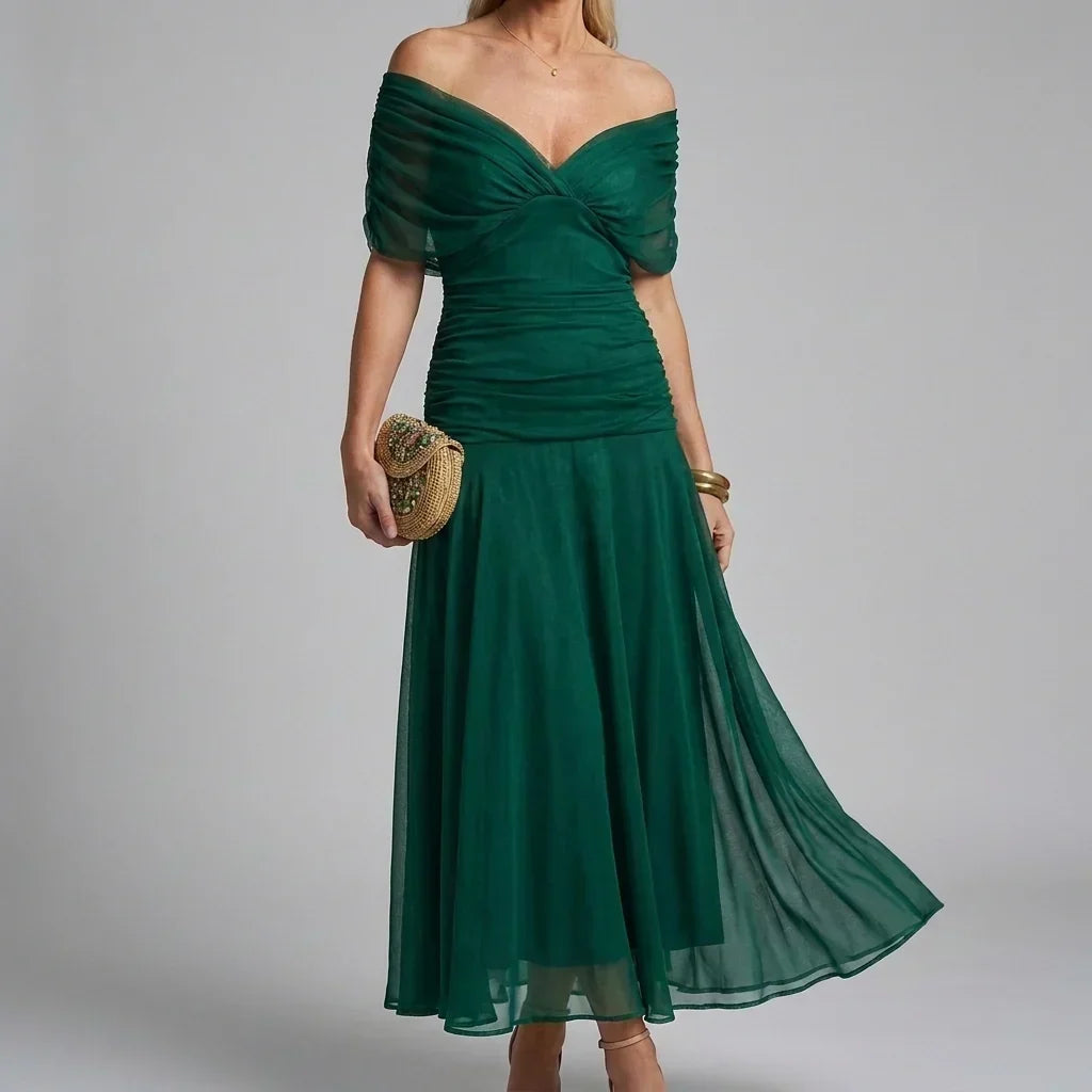 Women's V-Neck Printed Wedding Guest Maxi Dress – Flowy A-Line Formal Dress