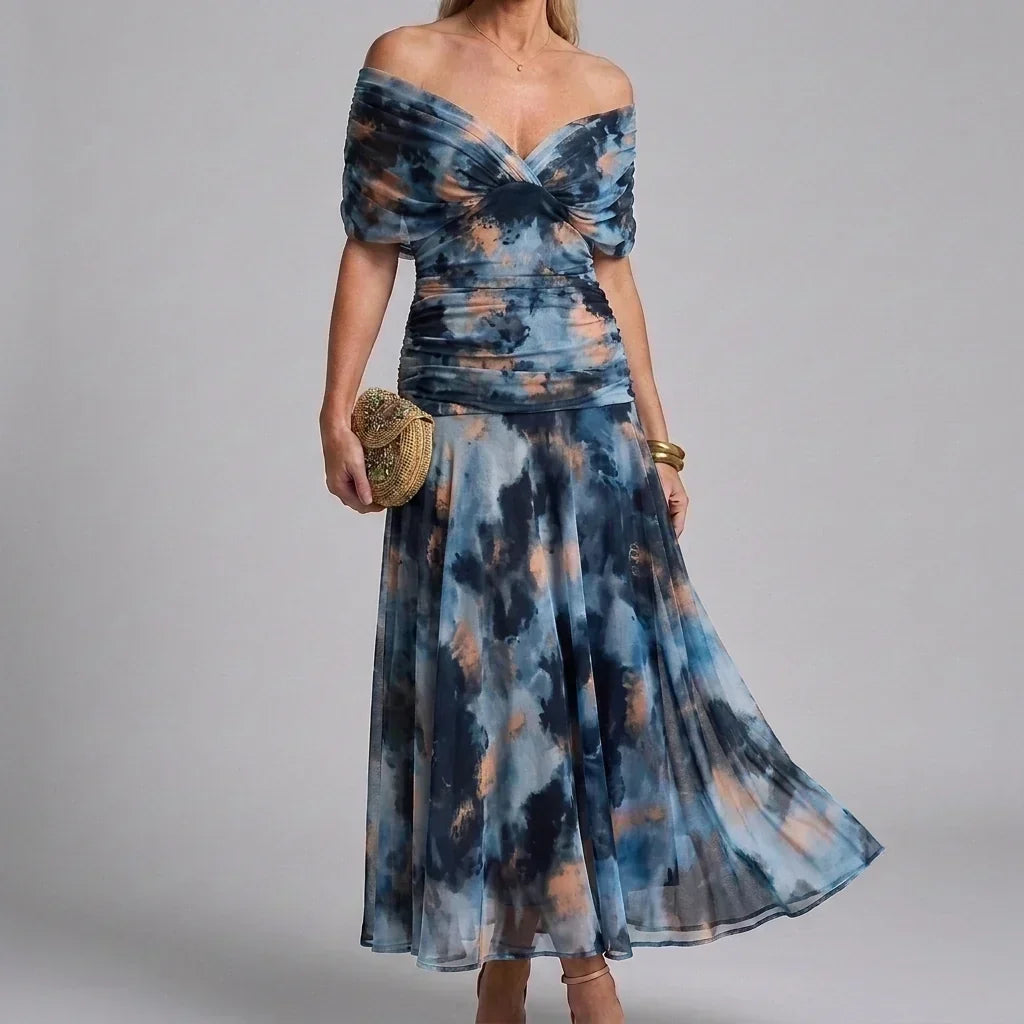 Women's V-Neck Printed Wedding Guest Maxi Dress – Flowy A-Line Formal Dress