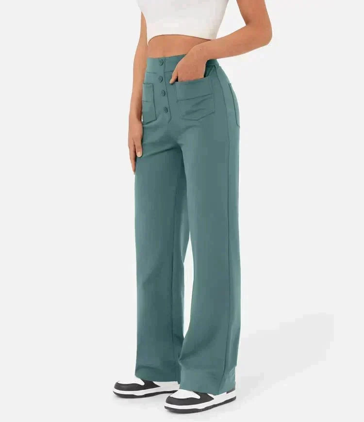 Women's High Waist Leisure Pants – Stretch Pocket Relaxed Fit Trousers