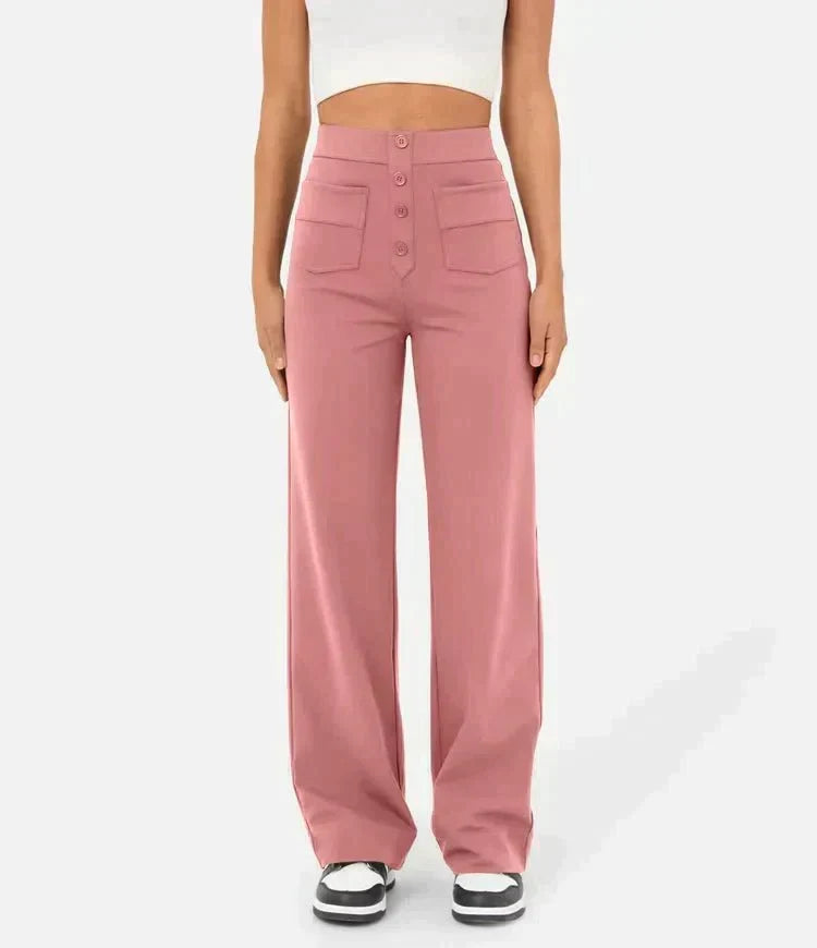 Women's High Waisted Button Detail Trousers – Stretch Elastic Waist Pants