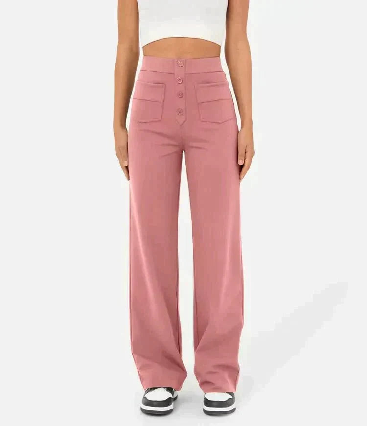 Women's High Waist Leisure Pants – Stretch Pocket Relaxed Fit Trousers
